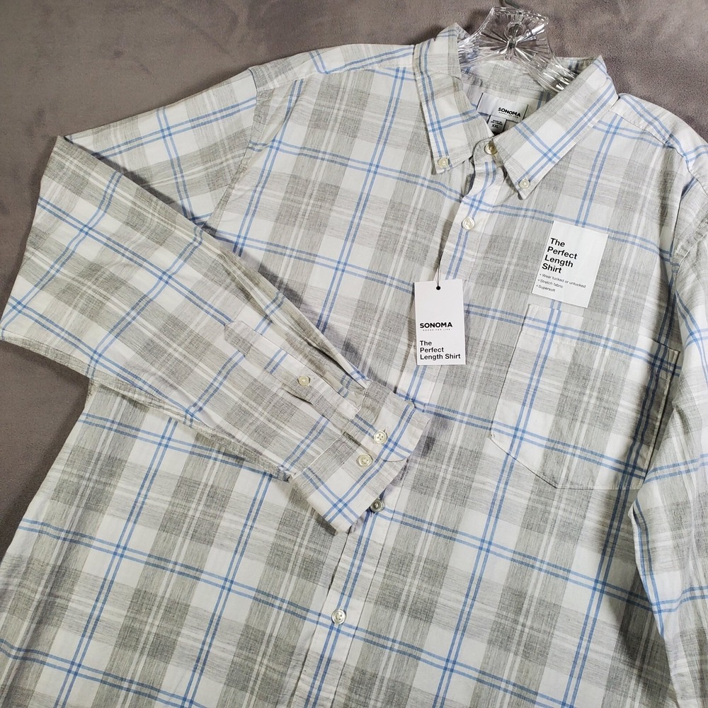 Sonoma Shirt Mens XXL Gray Blue Plaid Perfect Length Long Sleeve Office Prep NEW